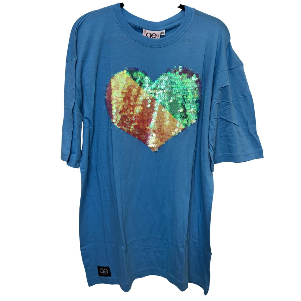Queer Eye Womens T-Shirt 2XL Cyan Blue Flip Sequin Heart Oversized Graphic Tee
